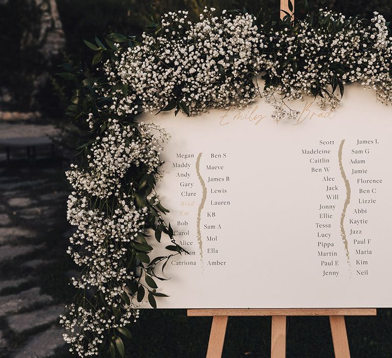 White wedding signage table plan complete with babys breath floral decor 