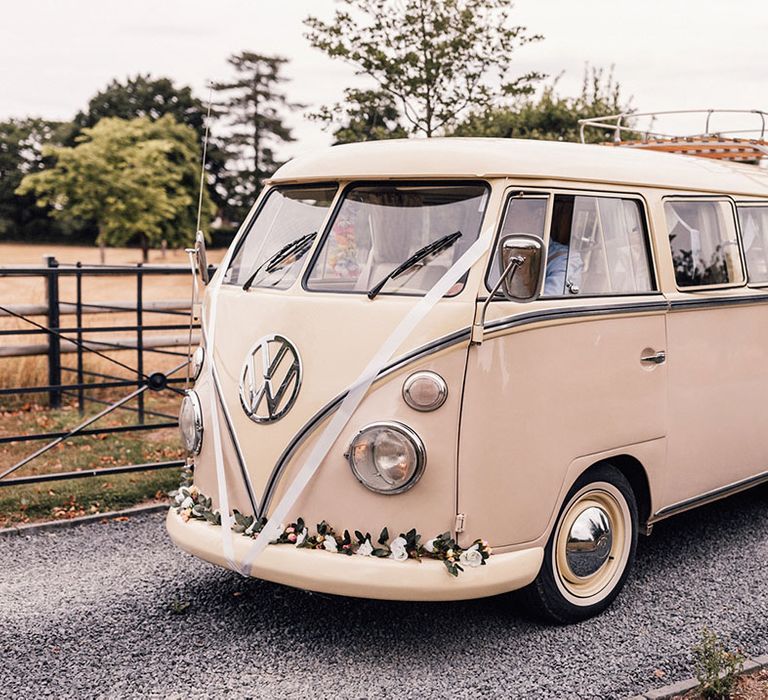 Blush pink and cream VW camper wedding car transport for a classic wedding 