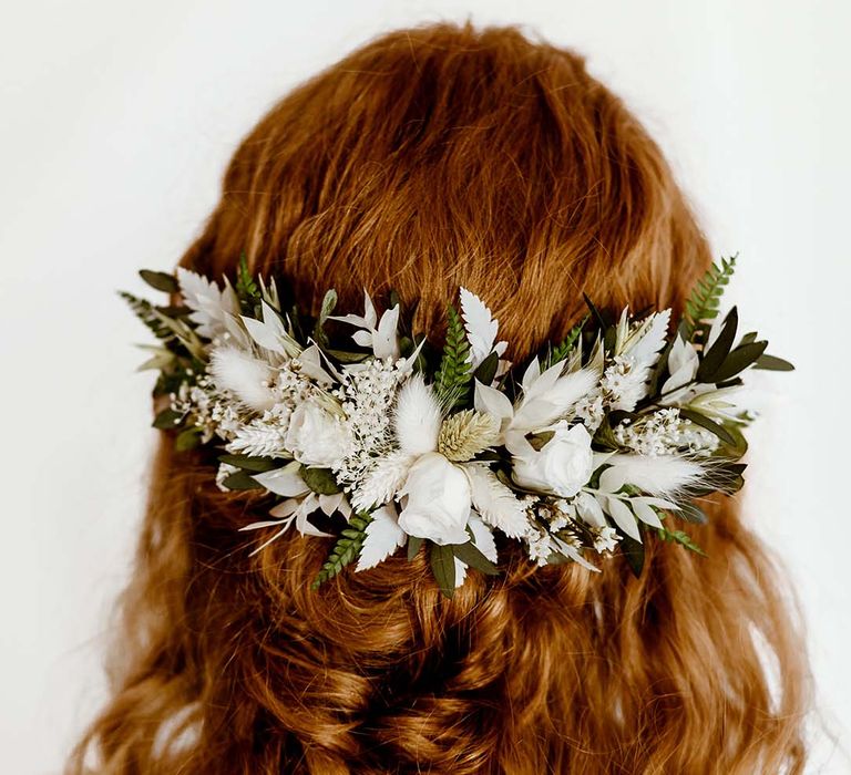 wavy half up half own wedding hair with dried flowers