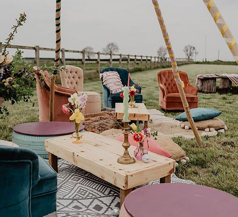 Outdoor festival style seating area in colourful style by Michael Calders Photography