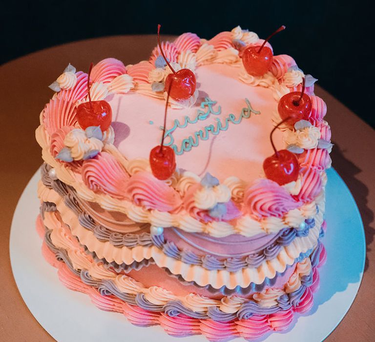 Pink Retro Heart Shaped Wedding Cake With Cherries