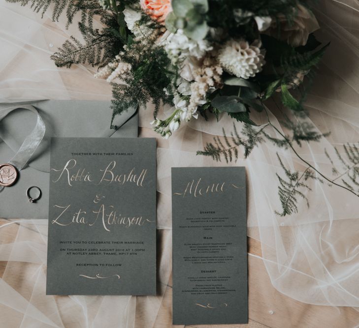 Homemade grey wedding stationery suite 