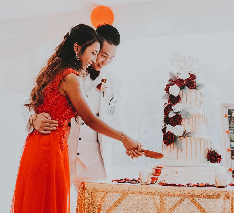 Bride & groom cut cake during their wedding reception