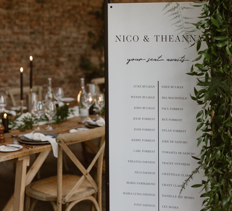 Modern wedding table plan with greenery decoration in the Fig House for Middleton Lodge Wedding