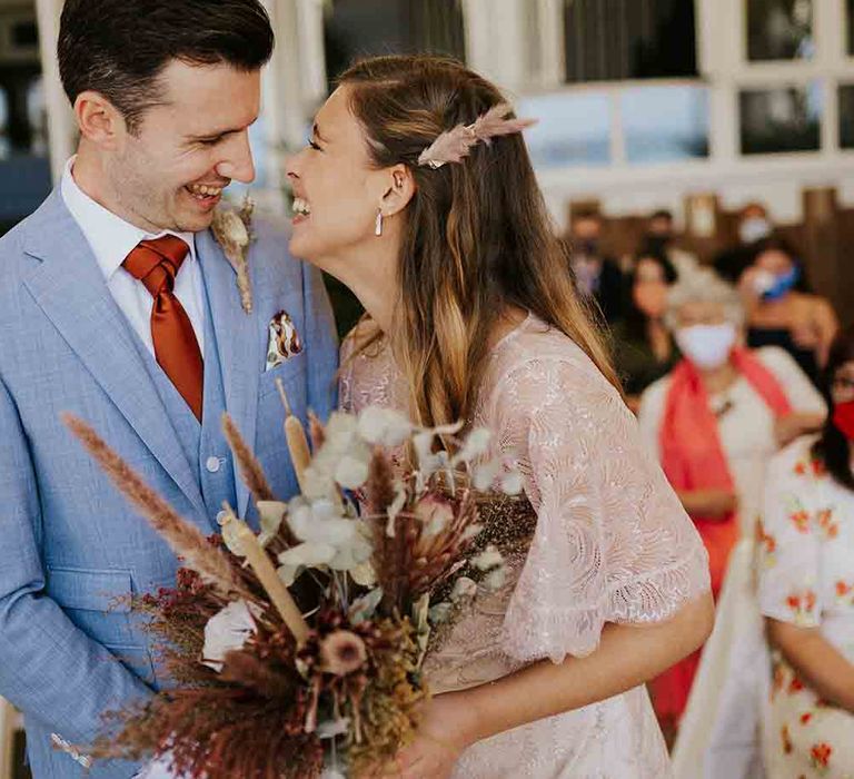 Bride and groom at Lusty Glaze wedding ceremony