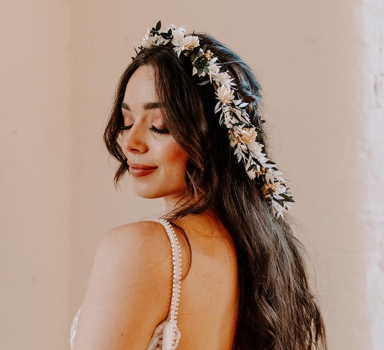 Half up half down wedding hair with beige and black dried flower halo by Luna And Wild 