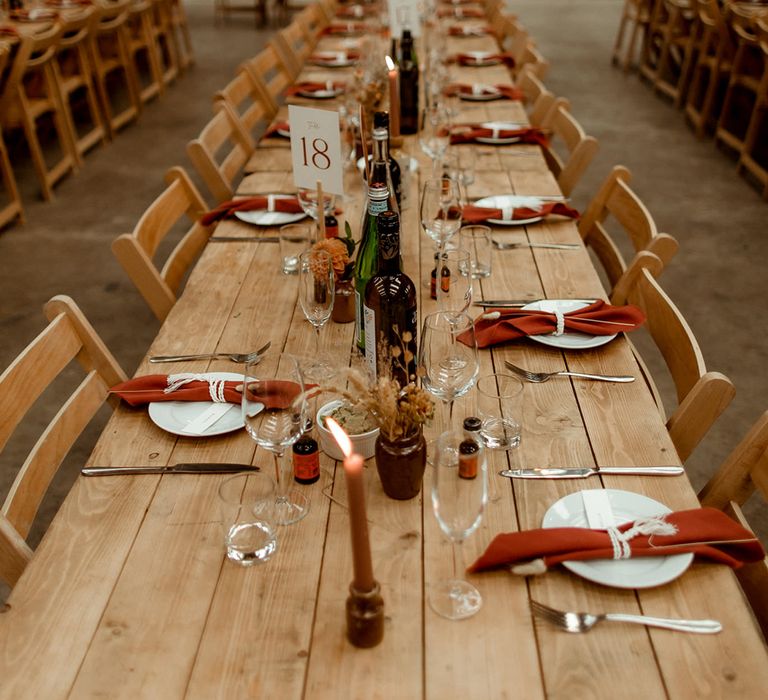 Simple table setting with small dried flower arrangement with white plates and rust coloured napkins with DIY hanging plant decor