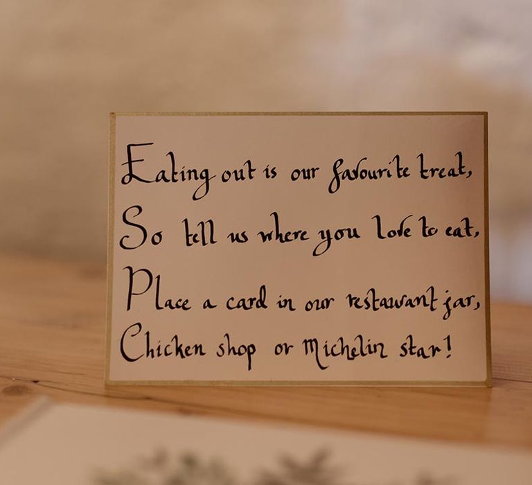 Handwritten small wedding sign requesting restaurant recommendations from wedding guests for the bride and groom to visit 