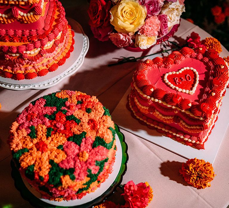 Retro wedding cakes in bright and bold colours for the vibrant botanical wedding 