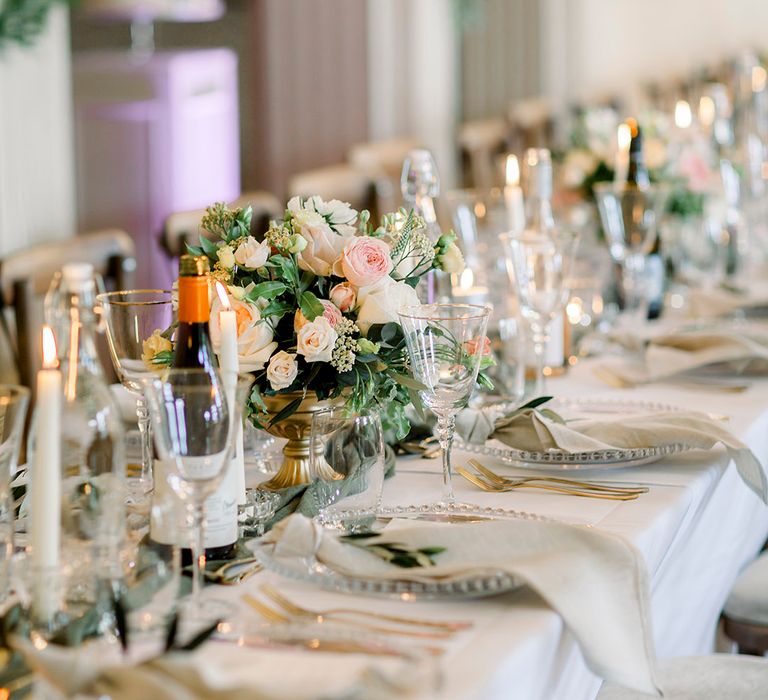 wedding flower centrepiece and table decorations at Euridge Manor wedding venue 