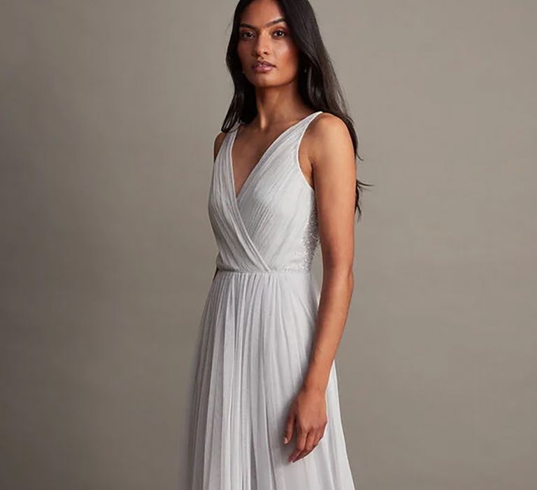 Mesh maxi wedding dress in silver