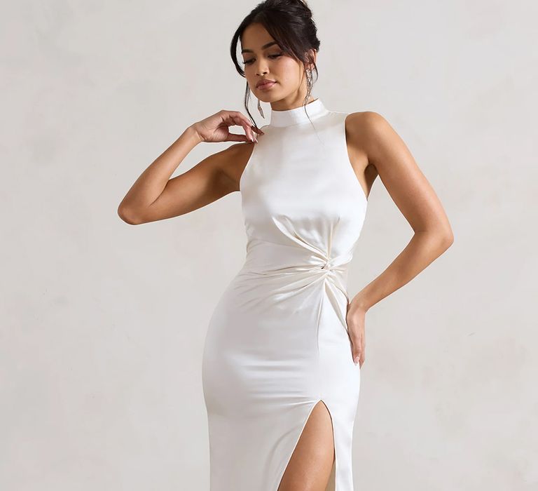 Club L wedding dress in satin with feather trim and thigh split 