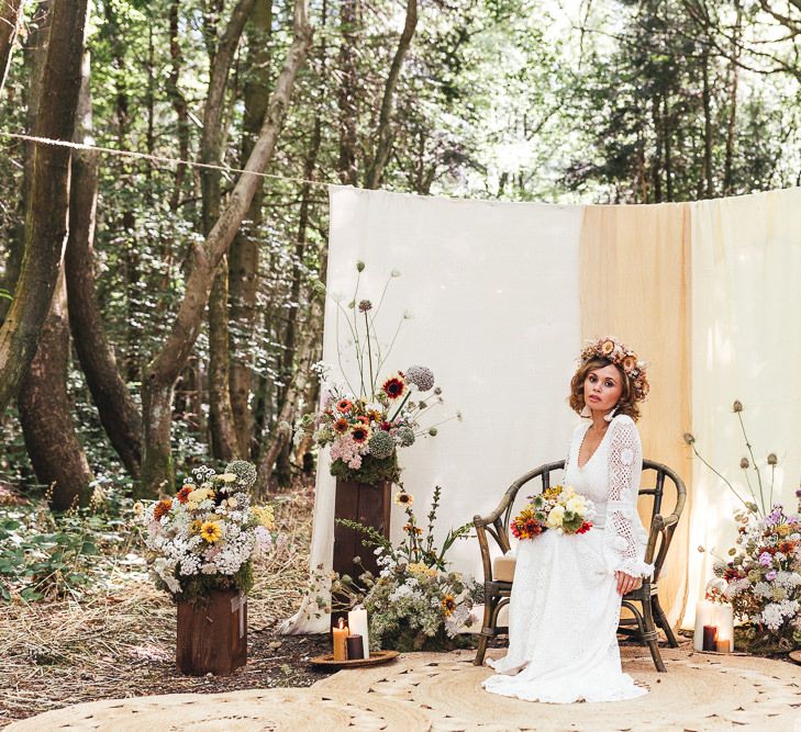 Bride in flower crown at Longton Wood 