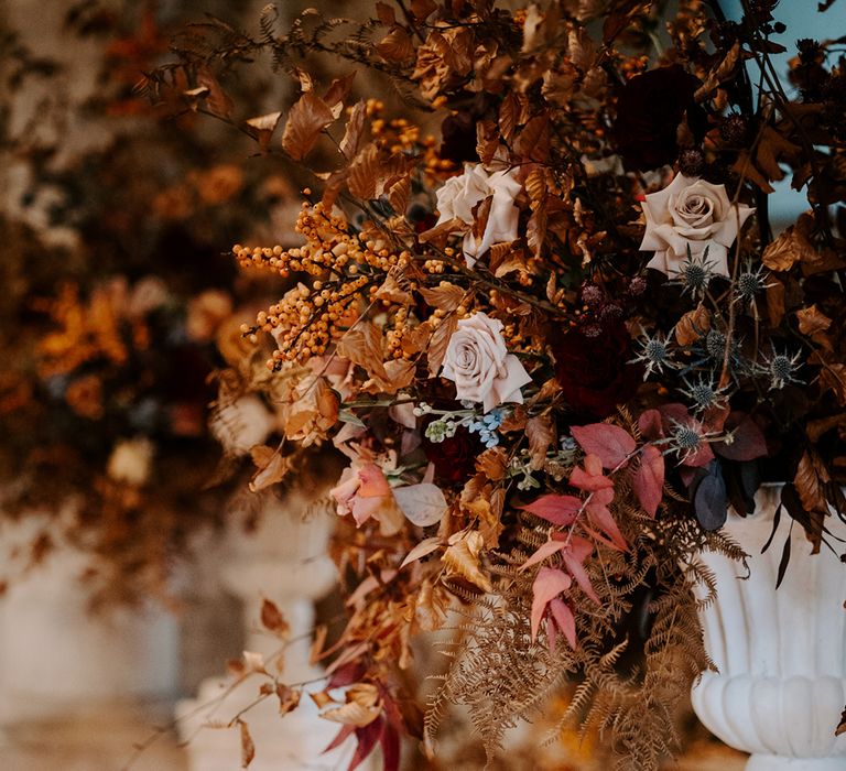 Close up of Christmas church wedding flowers