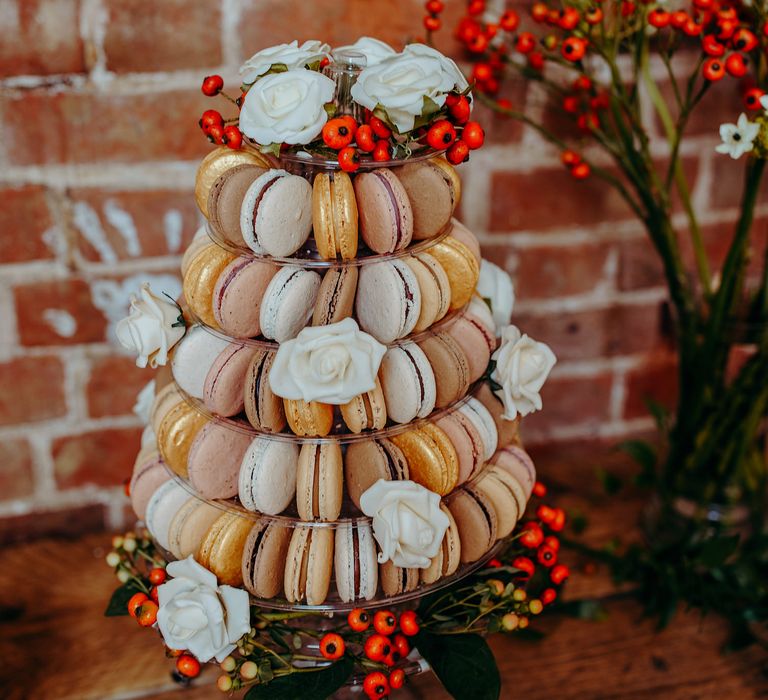 Macaroon cake with white rose decor