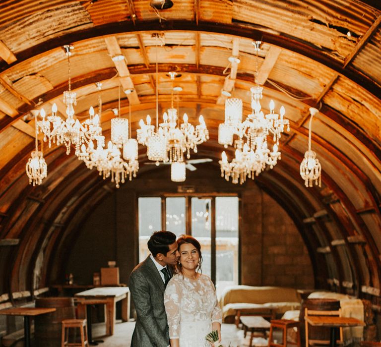 Bride and groom portrait by Darina Stoda Photography at Autumn themed wedding at Anran, Devon