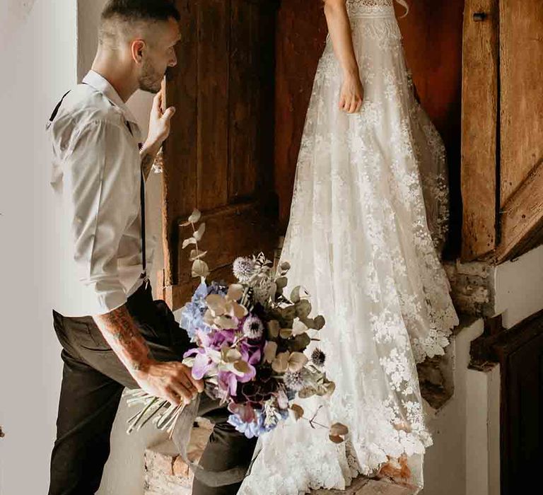 Bride with hydrangea wedding flowers and strapless wedding dress