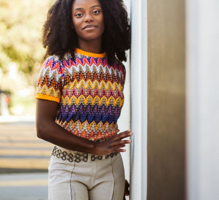 Beautiful bride-to-be in a patterned top at San Francisco engagement photoshoot 