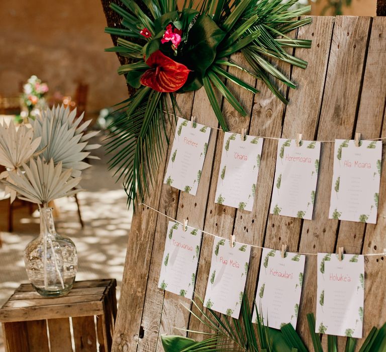 Wooden pallets wedding seating chart sign decorated in tropical flowers and leaves