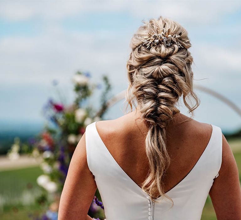 fishtail braid wedding hairstyle with gold headpiece 