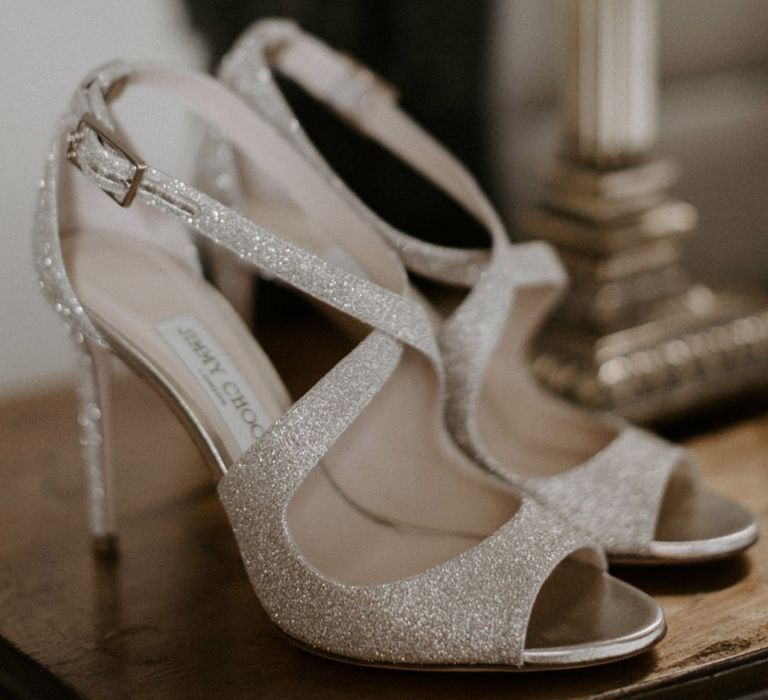 Open toe criss cross glittery Jimmy Choo wedding shoes 