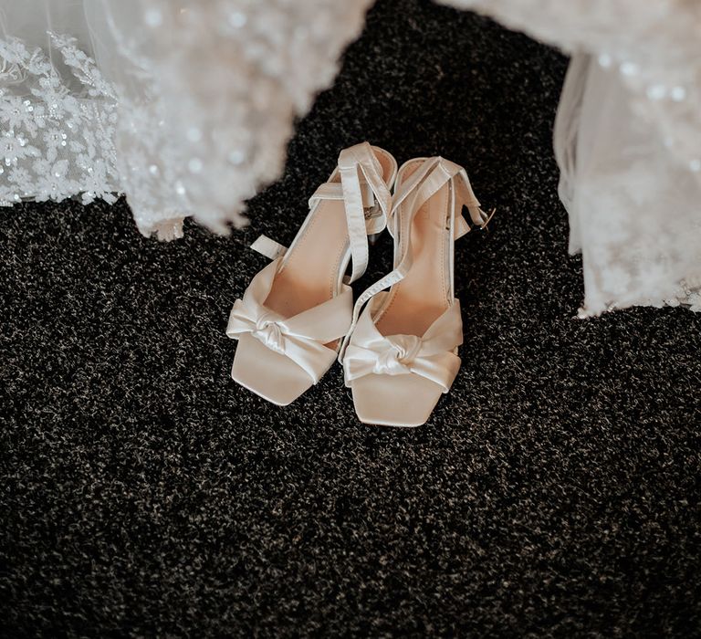 Square toe white satin wedding shoes with bow detail with ankle strap 