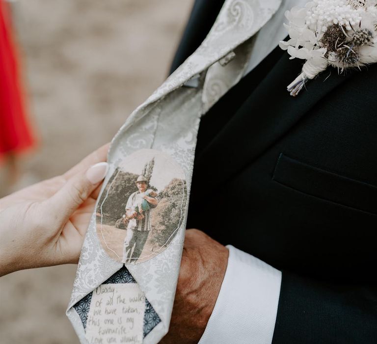 Father of the bride wearing a paisley tie with picture sewn on with a personal message from the bride unique accessory idea 