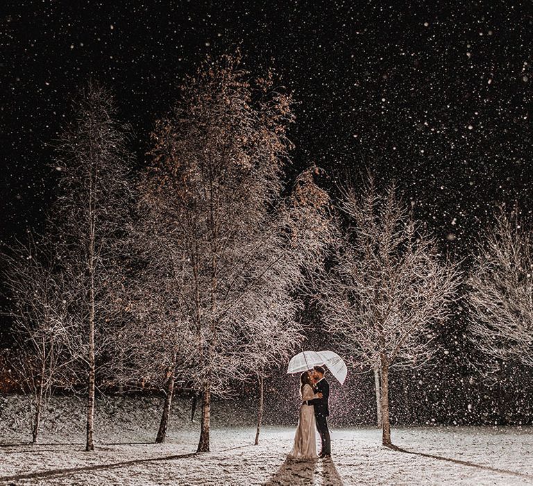 Snowy winter wedding in November at Stone Barn Gloucestershire wedding venue showing the bride and groom kissing under clear umbrellas