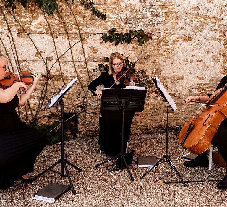 string trio wedding music at rustic wedding 