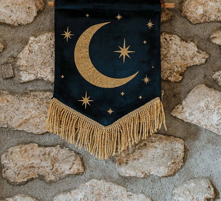 Midnight blue and gold crescent moon wedding banner sign with tassels 