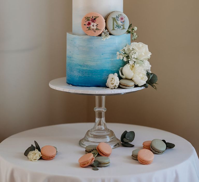 Three tier wedding cake with blue ombre icing 