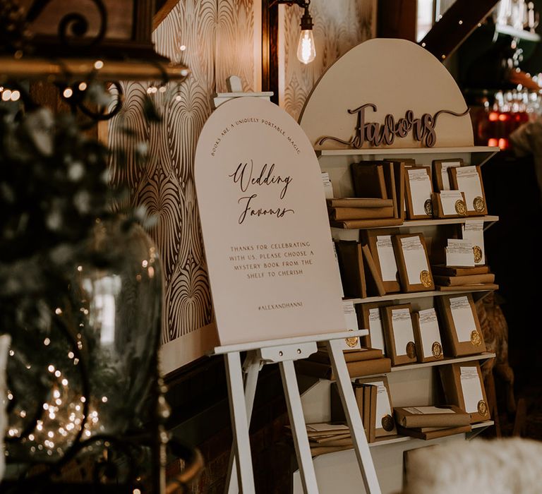 Wedding favours signage with a book case filled with wrapped up books for guests to choose a surprise book 