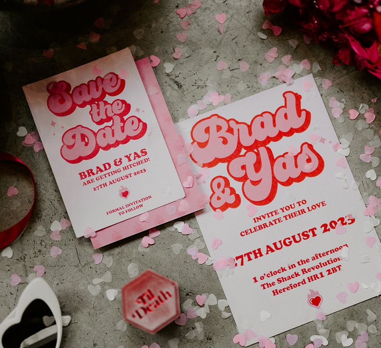 Pink retro wedding stationery suite with confetti and heart shaped sunglasses for disco wedding 