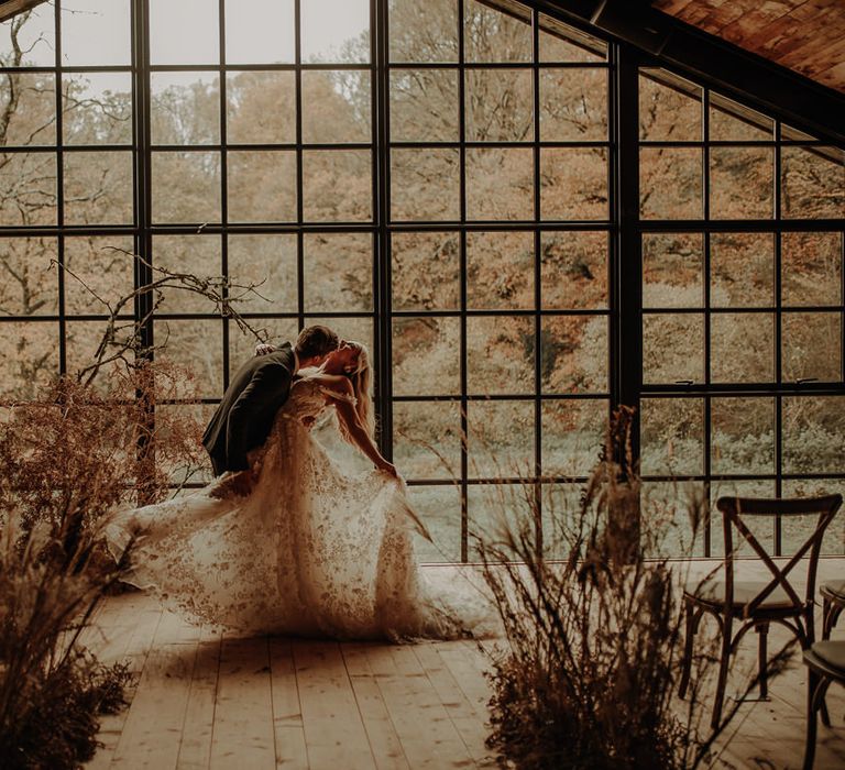 Hidden River Cabins wedding inspiration with dried flowers and lace wedding dress 