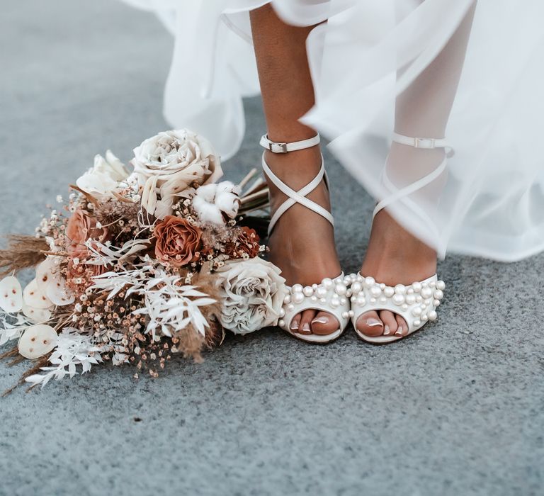 Charlotte Mills Pearl wedding shoes and cafe au latte bridal bouquet 