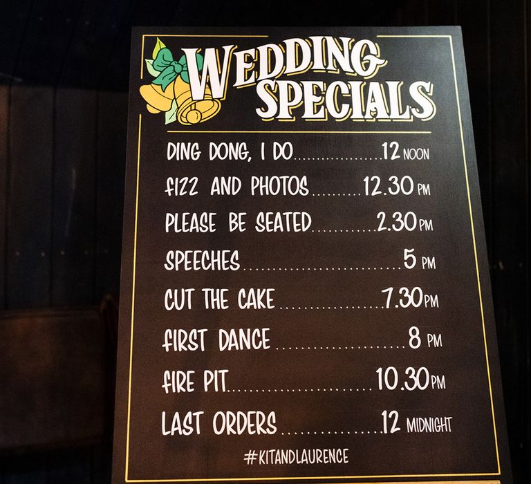 Order of the day 'wedding specials' sign in style of traditional pub specials sign on black board 