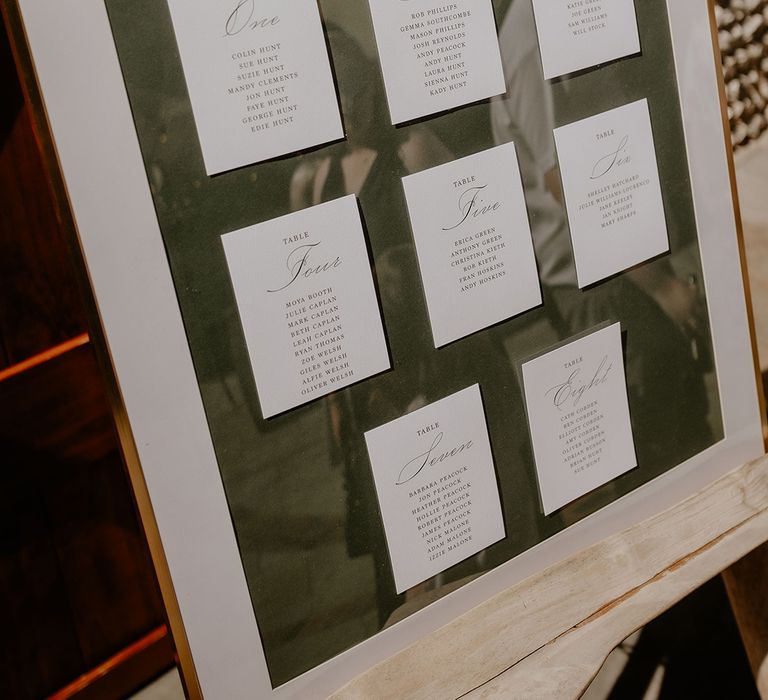 Green, white and gold table plan in a gold photo frame 