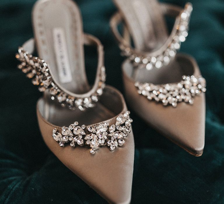 Pointed wedding shoes with embellishments and a jewelled strap 