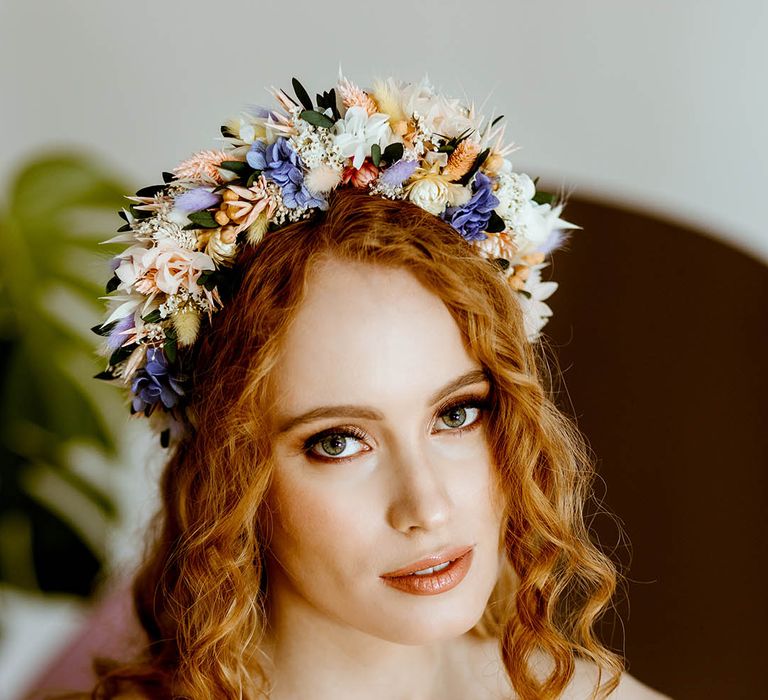 strapless wedding dress and pastel dried flower wedding headband by Luna & Wild