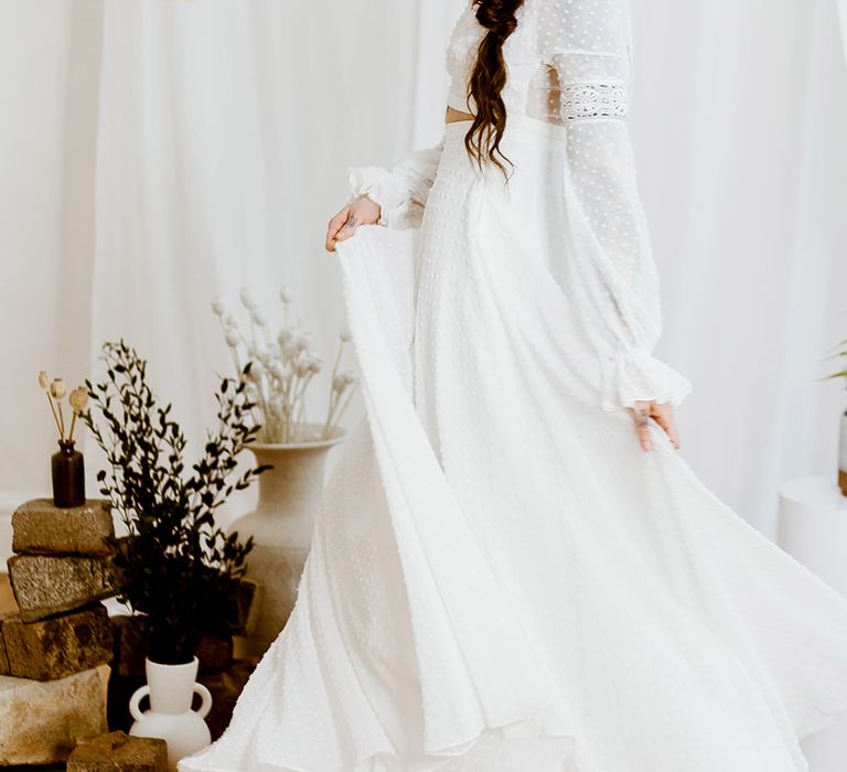 boho bridal separates and braid with preserved flower hair accessory 