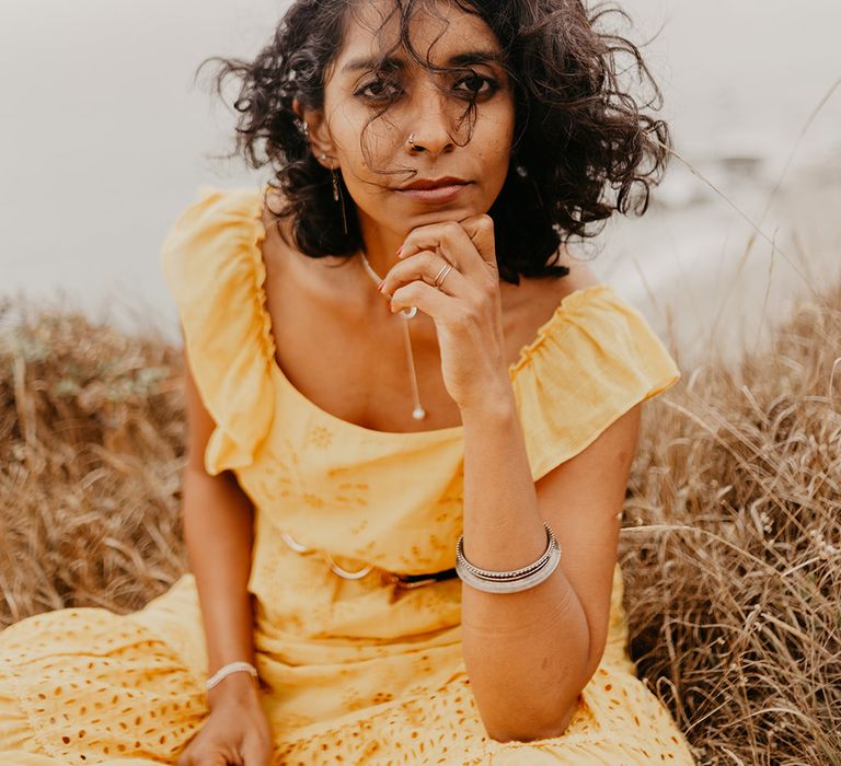 Bride in yellow wedding dress at intimate wedding 