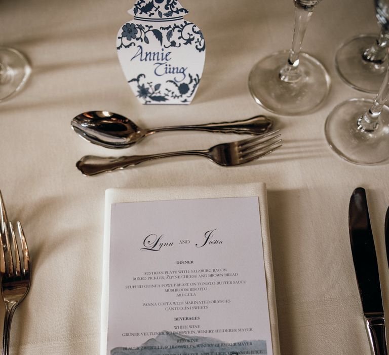 Place setting with blue and white Chinese Pottery place name cards 