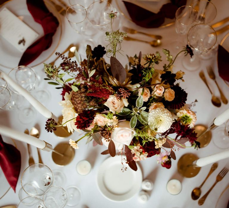 Red white and pink wedding flowers for table centerpiece 