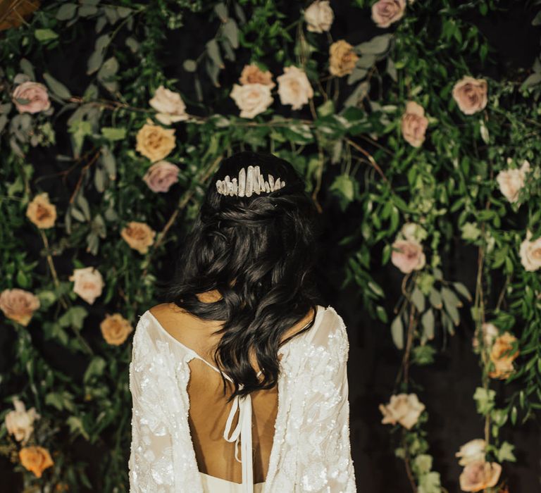 Half up half down wedding hair with crystal hair accessory 