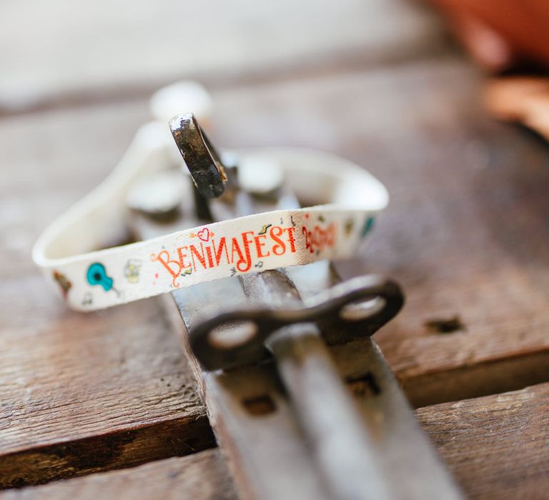 Festival wedding wristband reading 'Beninafest'