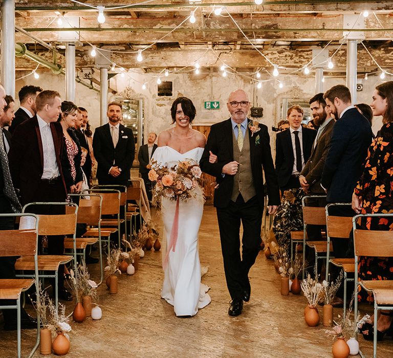 Father of the bride walks bride down the aisle at industrial wedding venue, Holmes Mill 