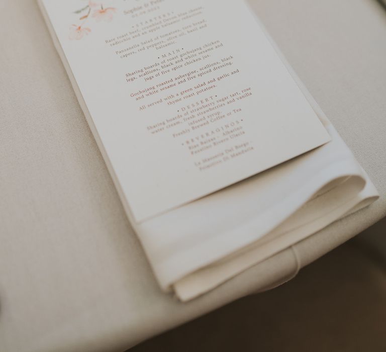 Wedding menu with food for the at home marquee wedding in Devon 