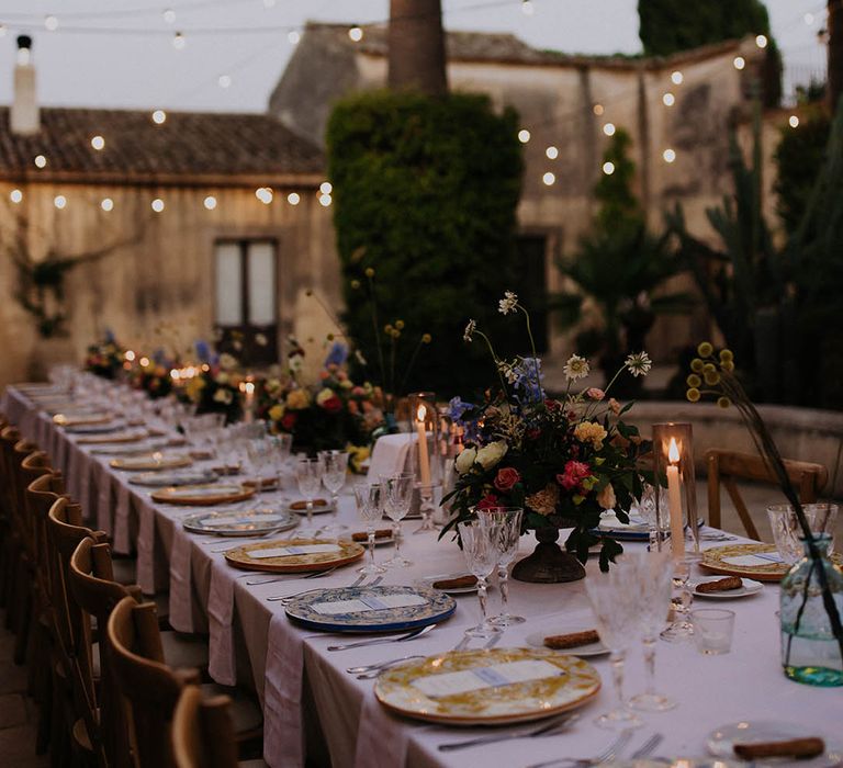 candlelight wedding table decorations at outdoor Sicily wedding 