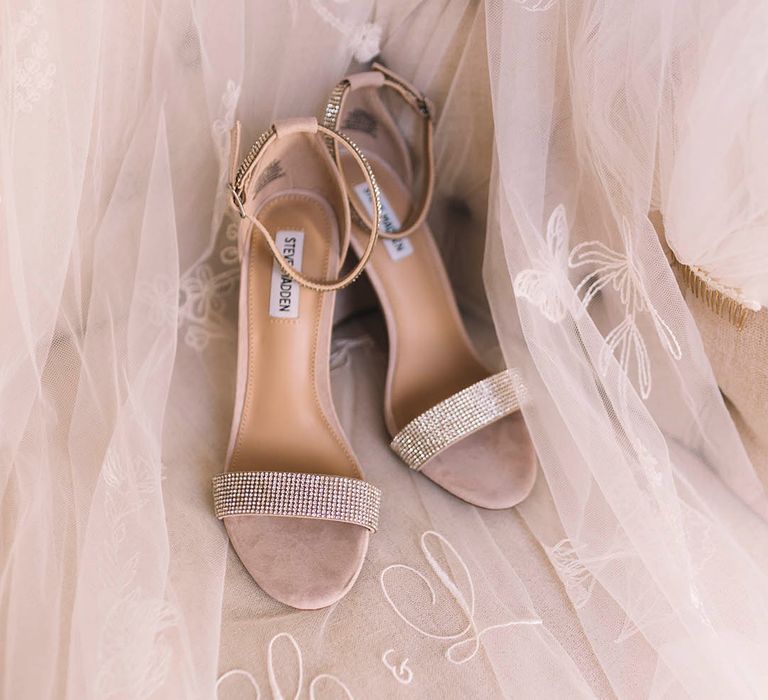 Spakly Steve Madden wedding shoes on personalised wedding veil for bride 