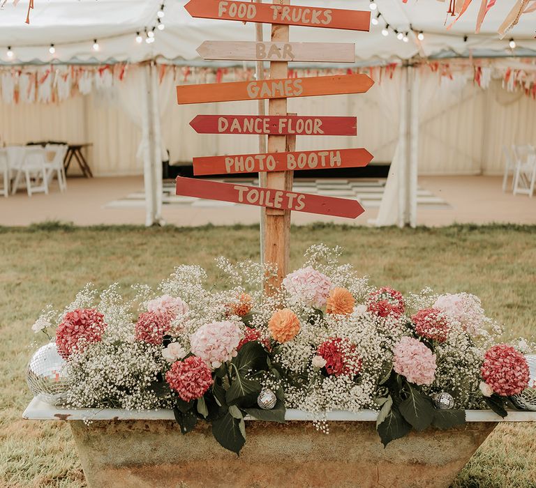 DIY colourful directional wedding signage at home wedding with gypsophila and hydrangea wedding flowers 